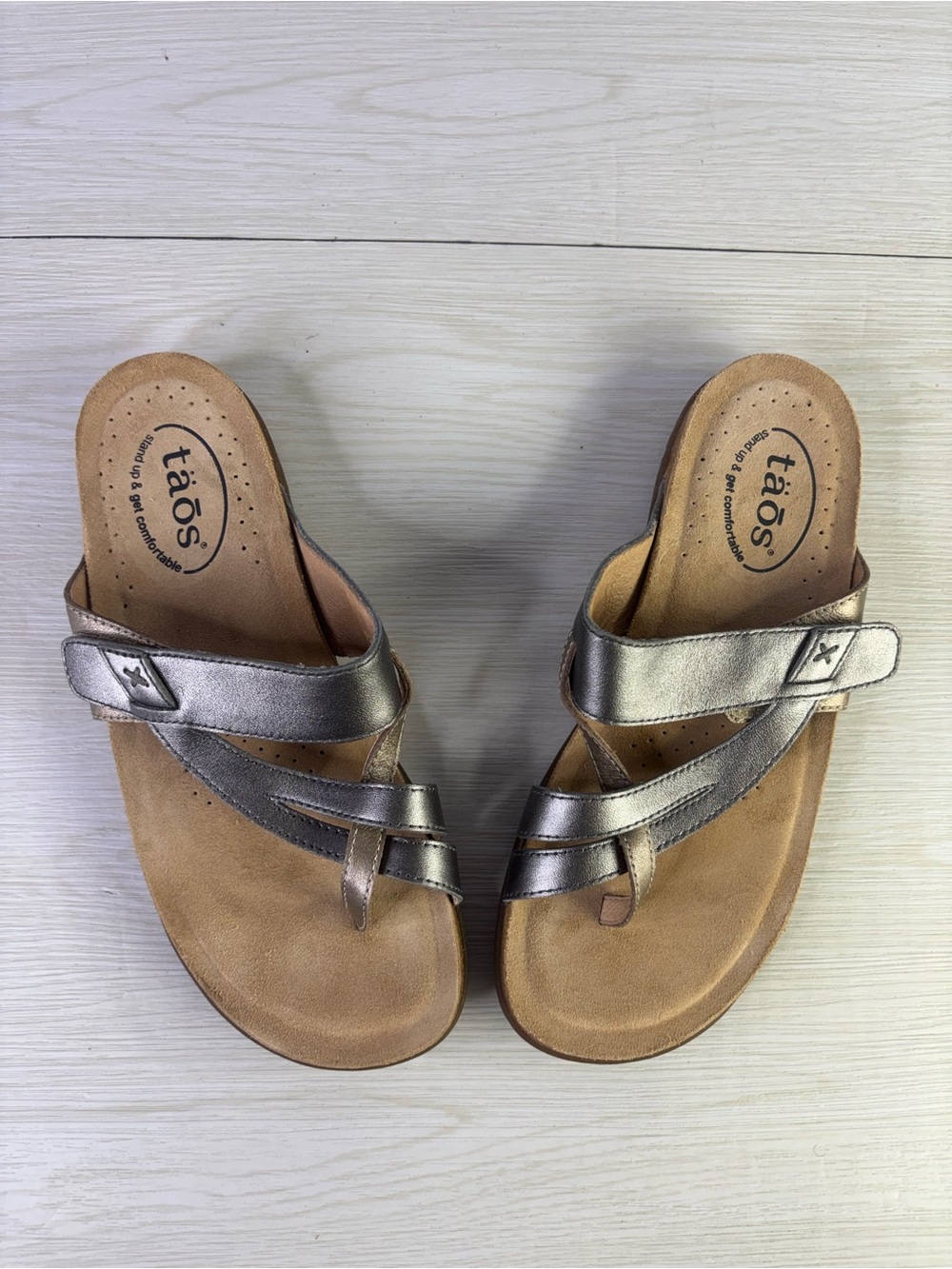 TAŌS "Perfect" sandals in a metallic pewter and champagne color Size 8